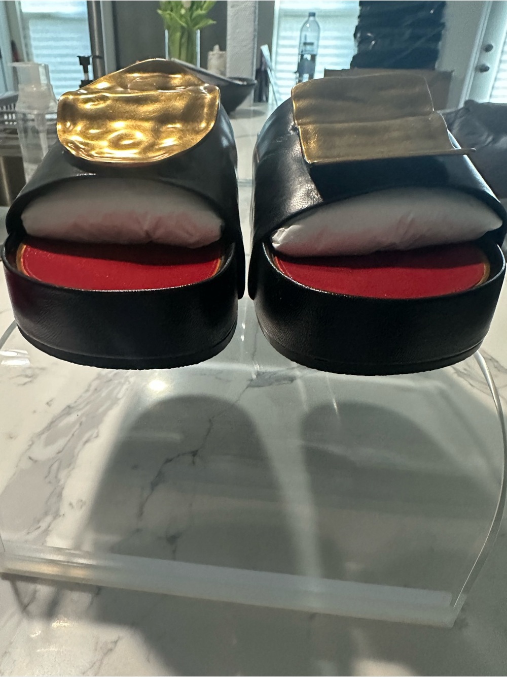 Tory Burch Black Slide Sandals with Gold Plaques and Red Insoles Size 10.5 - Picture 5 of 9